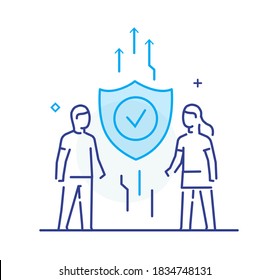 children receive protection. charity, protection.. linear illustration Icons infographics. Landing page site print poster. Eps vector. Line story