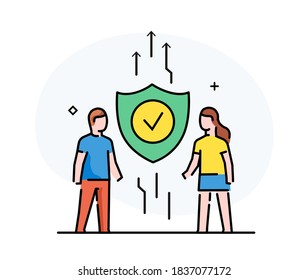 children receive protection. charity, protection.. linear illustration Icons infographics. Landing page site print poster. Eps vector. Line story