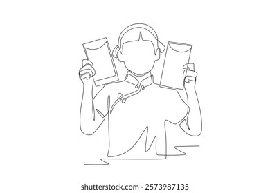 Children receiving red envelopes concept one-line drawing