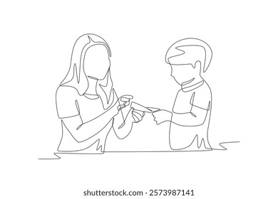 Children receiving red envelopes concept one-line drawing