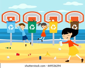 Children Recycle Clean Beach Playing At Basket With Recycling Bin Vector Illustration