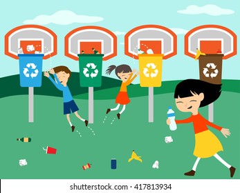 Children recycle playing basketball with recycling bin. Vector illustration for eco green education