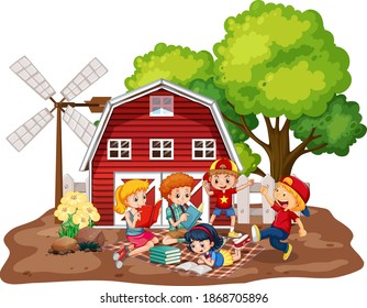 Children with red barn in farm scene on white background illustration