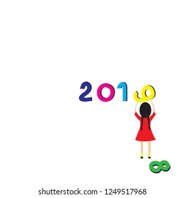 
Children in red dress changing the sign 2018 to 2019 to celebrate the New Year. White background, vector