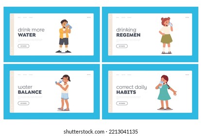 Children Refreshment Landing Page Template Set. Kids Drinking Clean Water. Little Boys and Girls Characters with Cups and Bottles Enjoying Fresh Healthy Aqua Drink. Cartoon People Vector Illustration