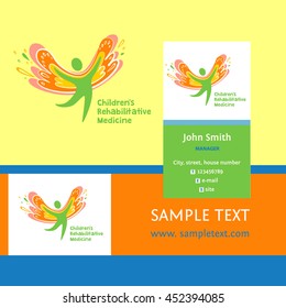 Children rehabilitation medicine. Business card and vector logo depicting the silhouette of a healthy, happy child.