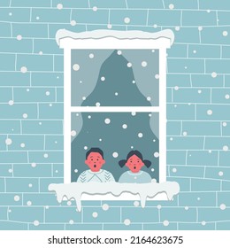 Children rejoice at the first snow. Little boy and girl are in the room is surprised, looking at the snow. Window on a brick wall on a snowy day. View from the street side. Winter background. Vector 