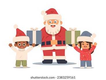 Children rejoice at gifts from Santa Claus. Santa Claus gives gifts to boy and a girl. Cartoon flat illustration