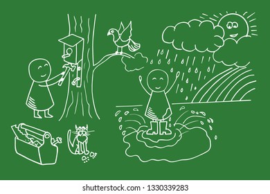 Children rejoice in the spring in the park. Spring hand draw of doodles. Vector spring background on chalkboard.