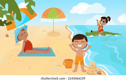 Children relax on the beach, sunbathe and swim on an air mattress on the sea. Cartoon illustration in children's style. Children are happy and smiling.