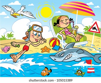 Children relaxing on the beach.Girl sunbathing in chaise lounge.She drinks juice.The boy has been diving.