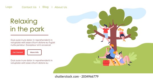 Children relaxing and resting in park. Kids on picnic sitting under tree, reading and having fun. Weekends activity outdoors in forest. Website or webpage template, landing page flat style vector