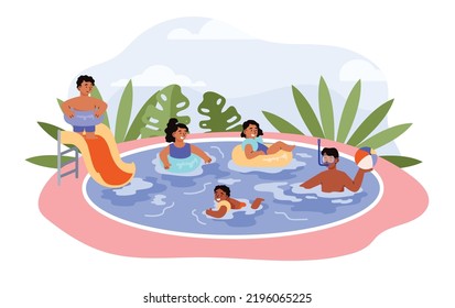 Children relaxing in swimming pool flat style, vector illustration isolated on white background. Happy kids slide downhill, play ball and snorkel, inflatable swim ring and armlets