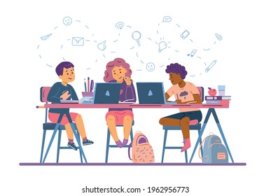 Children remote study sitting at desk with laptop computers and books. Concept of online education, distance school using internet technology. Flat vector isolated illustration.