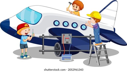 Children repairing airplane together on white background illustration