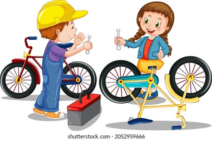 Children repairing bicycle together on white background illustration