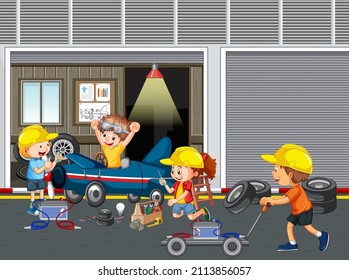 Children repairing a car together in the garage illustration