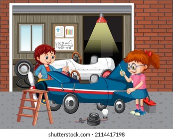 Children repairing a car together in the garage illustration