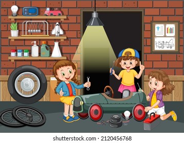 Children repairing a car together in the garage illustration