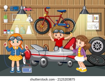 Children repairing a car together in the garage illustration