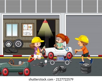 Children repairing a car together in the garage illustration