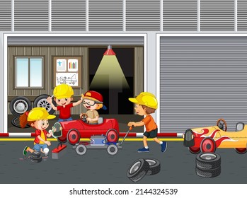 Children repairing a car together in the garage illustration