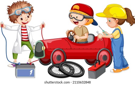 Children repairing a car together illustration
