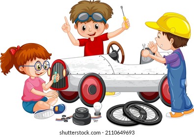 Children repairing a car together illustration