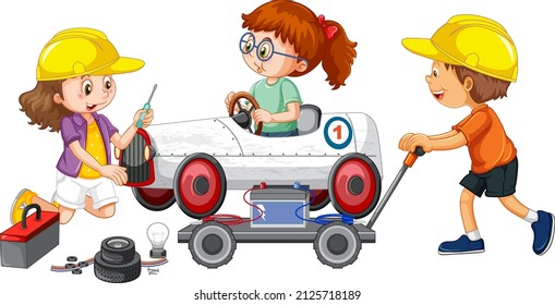 Children repairing a car together illustration