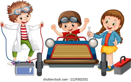 Children repairing a car together illustration