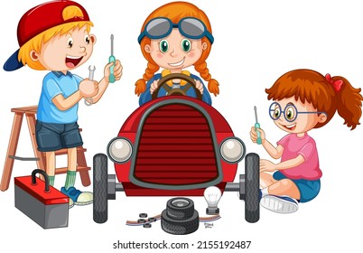 Children repairing a car together illustration