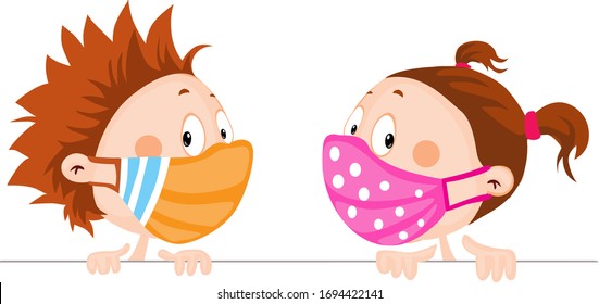 
Children with Respirator Mask Peeking Out - Protection Against Viral Infection - Vector Illustration