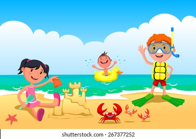 Children rest on the sea. Children are playing on the beach, the girl is building a sand castle. 