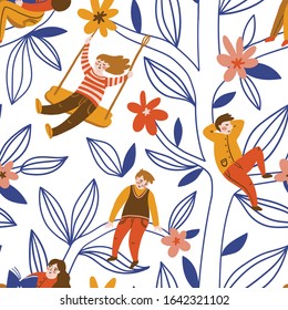 Children rest, read, swing on a swing in the green of a tree. Vector seamless pattern design in hand-drawn style. Kids repeat print for fabric or wallpaper.