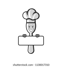Children restaurant menu emblem mockup for your company place text. Cartoon smiling chef spoon holds in hands blank banner with chef hat, cookbook cover template.