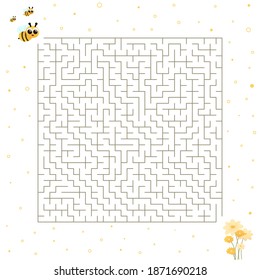 Children riddle with cute bee character and flowers, help to find right way, maze or labyrinth for books in cartoon style on light background