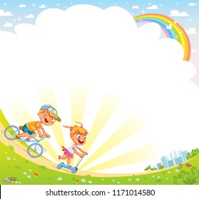 Children ride bicycles in a park outside the city. Template for advertising brochure. Kids background for your design. Ready for your message. Funny cartoon character. Vector illustration