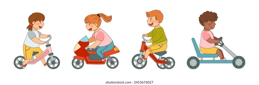 Children Ride Different Transport Enjoy Driving Vehicle Vector Set