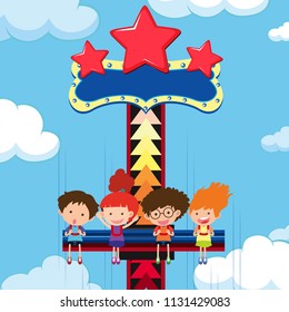 Children ride giant drop at theme park illustration