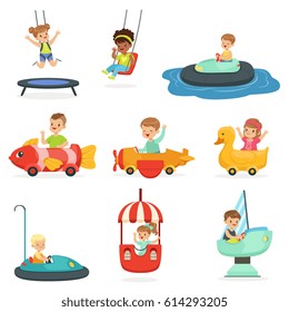 Children ride on attractions in the amusement park, set for label design. Cartoon detailed colorful Illustrations