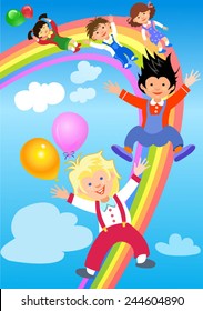 Children ride on the rainbow 