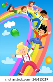 Children ride on the rainbow