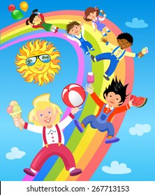 Children ride on the rainbow with ice cream