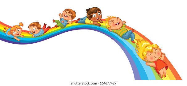 Children ride on a rainbow. Vector illustration. Isolated on white background