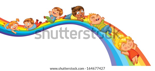 Children ride on a rainbow wallpaper mural. Vector illustration. Isolated on white background