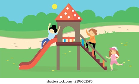 Children ride on the slide in the playground