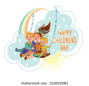 Children ride on a swing in the sky. Imaginary world. Children's Day. Vector illustration.