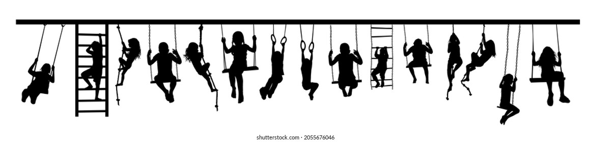 Children ride on swings, on rings, climb on a tightrope. Vector illustration