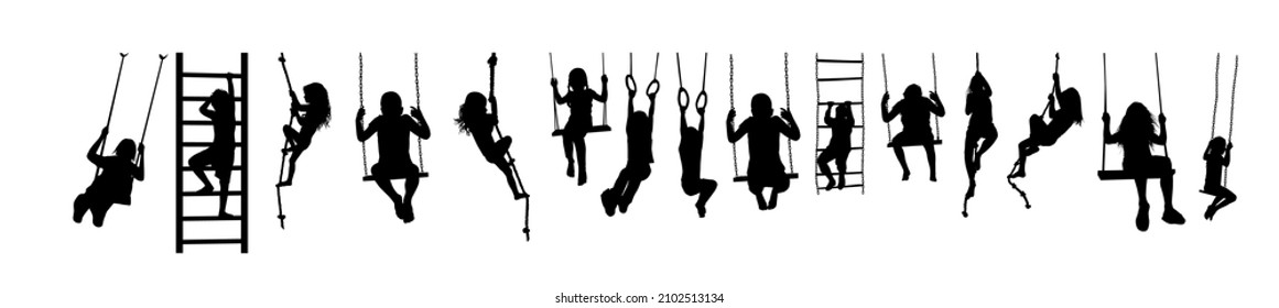 Children ride on swings, on rings, climb on a tightrope. Vector illustration