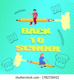 children ride pencil as symbol excited for back to school vector illustration